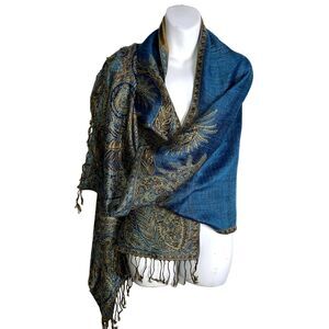 JNS Long Teal And Paisley Print Fringe Wrap Scarf Cover Up !